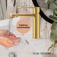 Set Baterie lavoar baie, OLIM Design, Seria NOVA, Material INOX SUS304, Aerator NEOPERL Switzerland, Cartuș Ceramic, Aur Polisat