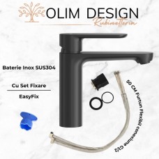 Set Baterie lavoar baie, OLIM Design, Seria NOVA, Material INOX SUS304, Aerator NEOPERL Switzerland, Cartuș Ceramic, Negru Mat
