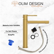 Set Baterie lavoar baie, OLIM Design, Seria RELAX, Material INOX SUS304, Aerator NEOPERL Switzerland, Cartuș Ceramic, Aur Polisat