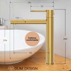 Set Baterie lavoar baie, OLIM Design, Seria RELAX, Material INOX SUS304, Aerator NEOPERL Switzerland, Cartuș Ceramic, Aur Polisat