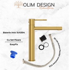 Set Baterie lavoar baie, OLIM Design, Seria RELAX, Material INOX SUS304, Aerator NEOPERL Switzerland, Cartuș Ceramic, Aur Polisat