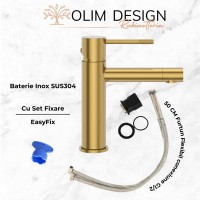Set Baterie lavoar baie, OLIM Design, Seria RELAX, Material INOX SUS304, Aerator NEOPERL Switzerland, Cartuș Ceramic, Aur Polisat