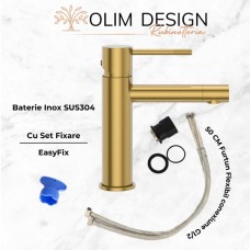 Set Baterie lavoar baie, OLIM Design, Seria RELAX, Material INOX SUS304, Aerator NEOPERL Switzerland, Cartuș Ceramic, Aur Polisat