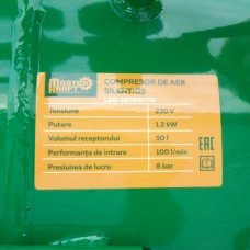 Compresor de aer 50L, 1.2 kW, 2 cilindri, fără ulei MasterKraft LSD-1600W/50 Silențios